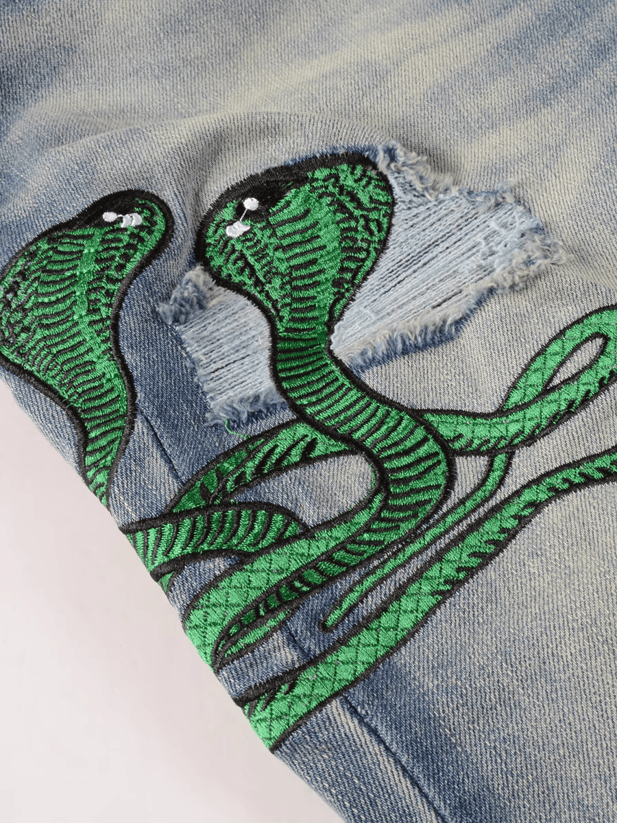 Snake Graphic Ripped Patch Jeans