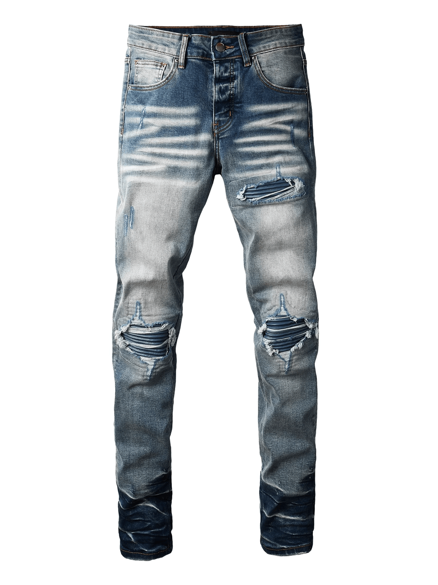 Blue Washed Ripped Patch Jeans