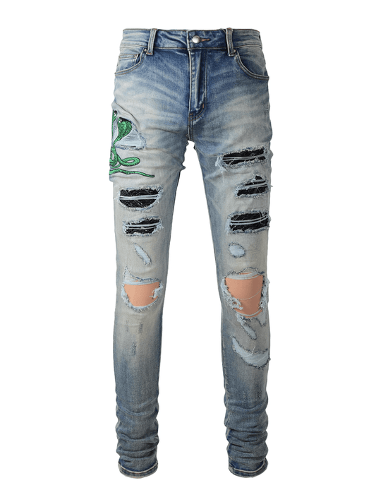 Snake Graphic Ripped Patch Jeans