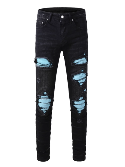Black Ripped Blue Patch Jeans
