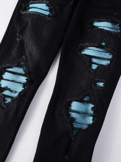 Black Ripped Blue Patch Jeans