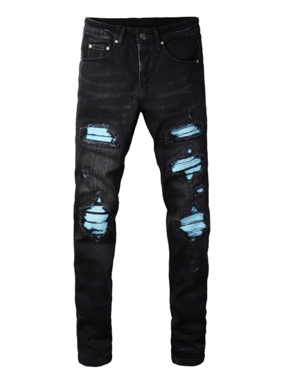 Black Ripped Blue Patch Jeans
