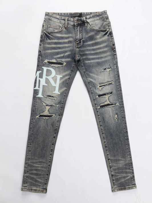 Gray Writing Ripped Jeans