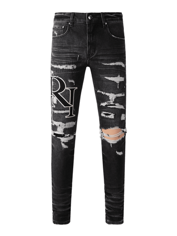Black Writing Ripped Patch Jeans
