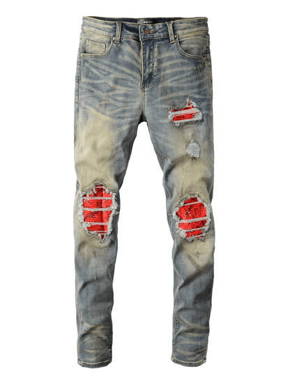 Blue Denim Red Patch Jeans