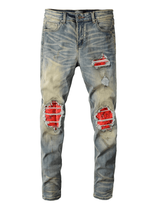 Blue Denim Red Patch Jeans
