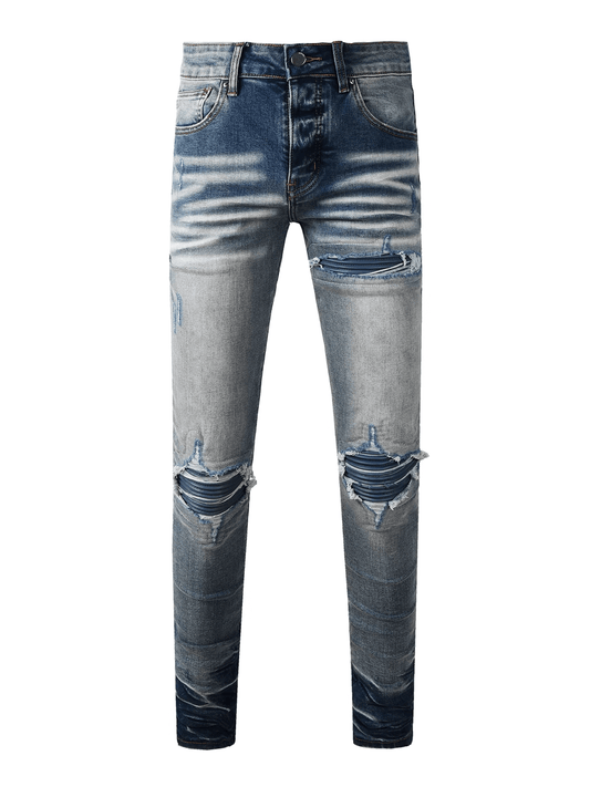 Blue Washed Ripped Patch Jeans