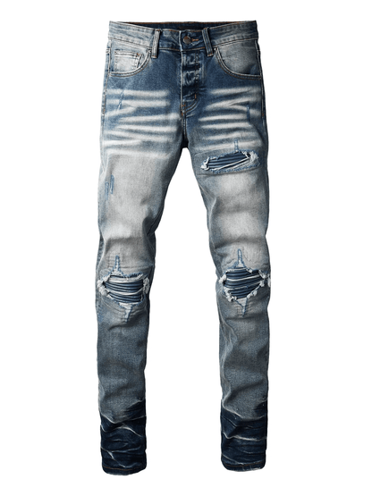 Blue Washed Ripped Patch Jeans
