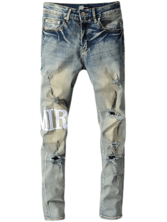 Washed Blue Ripped Writing Jeans