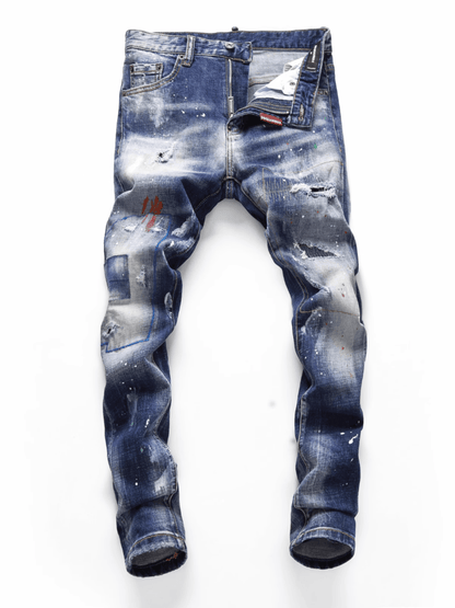 Blue Washed Patch Paint Jeans