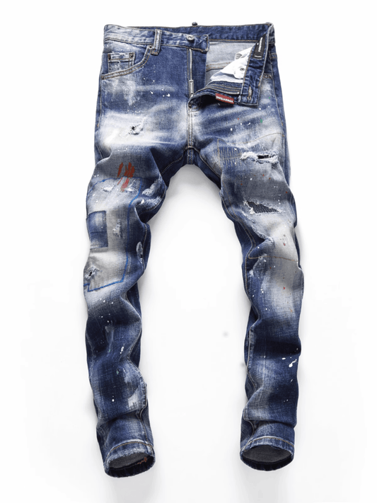 Blue Washed Patch Paint Jeans
